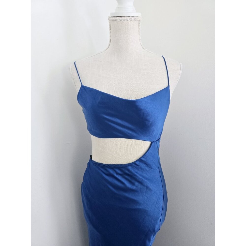 Hello Molly Oceanic Eyes Satin Royal Blue Cut Out Slit Sleeveless Maxi Dress S 4 - Picture 3 of 15